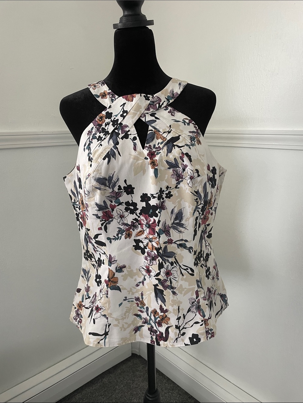 White House Black Market Cream Floral Crisscross Halter Blouse